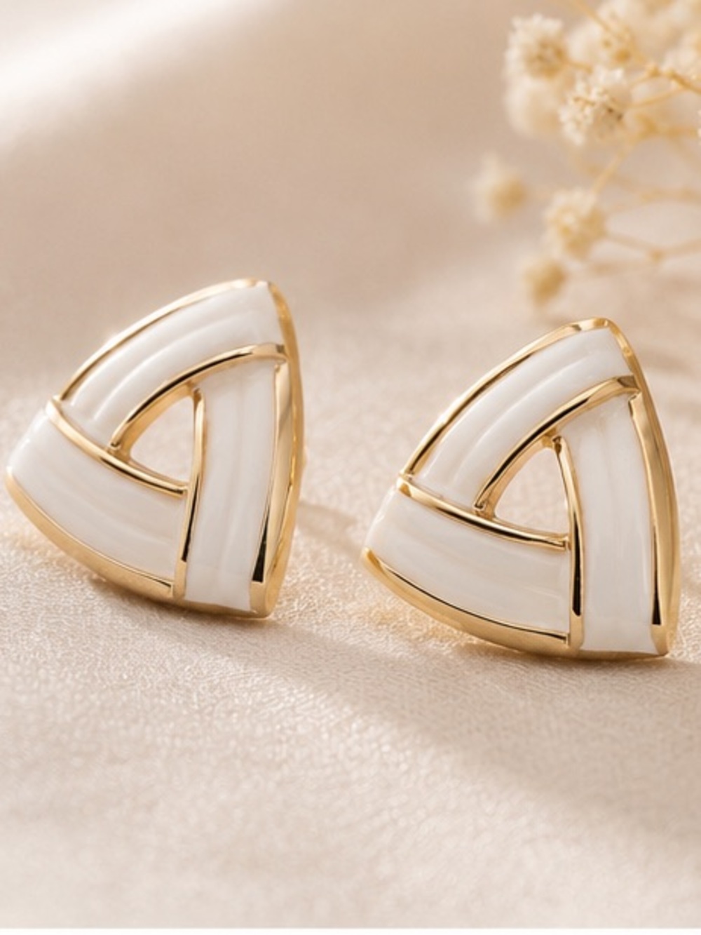 Gold & White Triangular Enamel Stud Earrings - Women Jewelry
